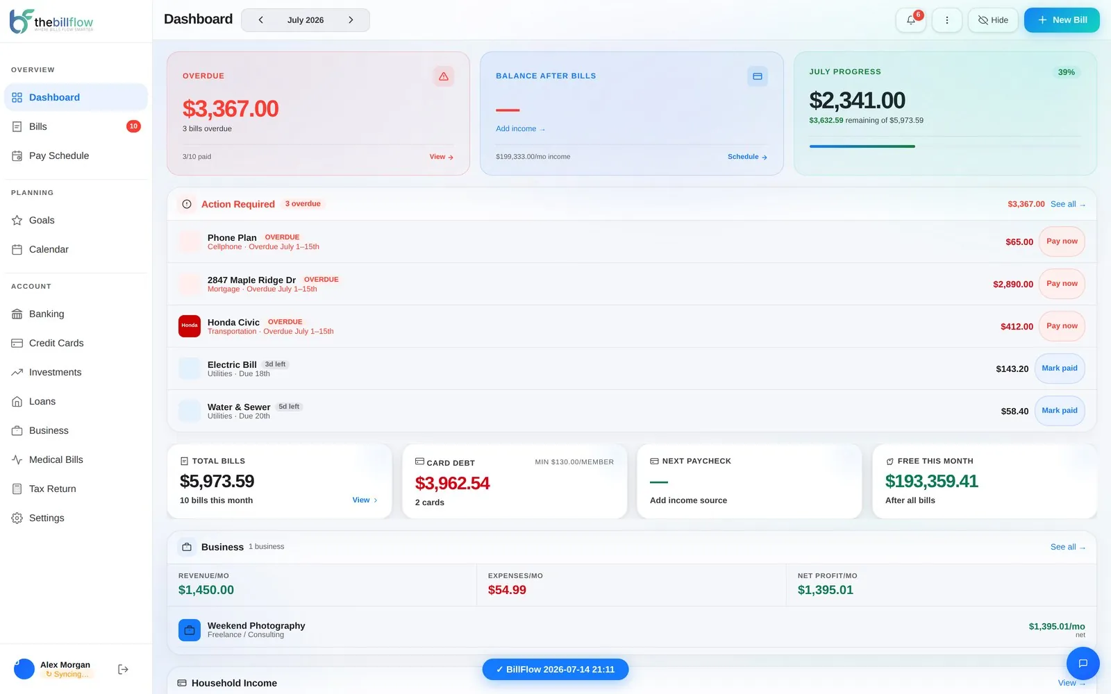 BillFlow Dashboard screen