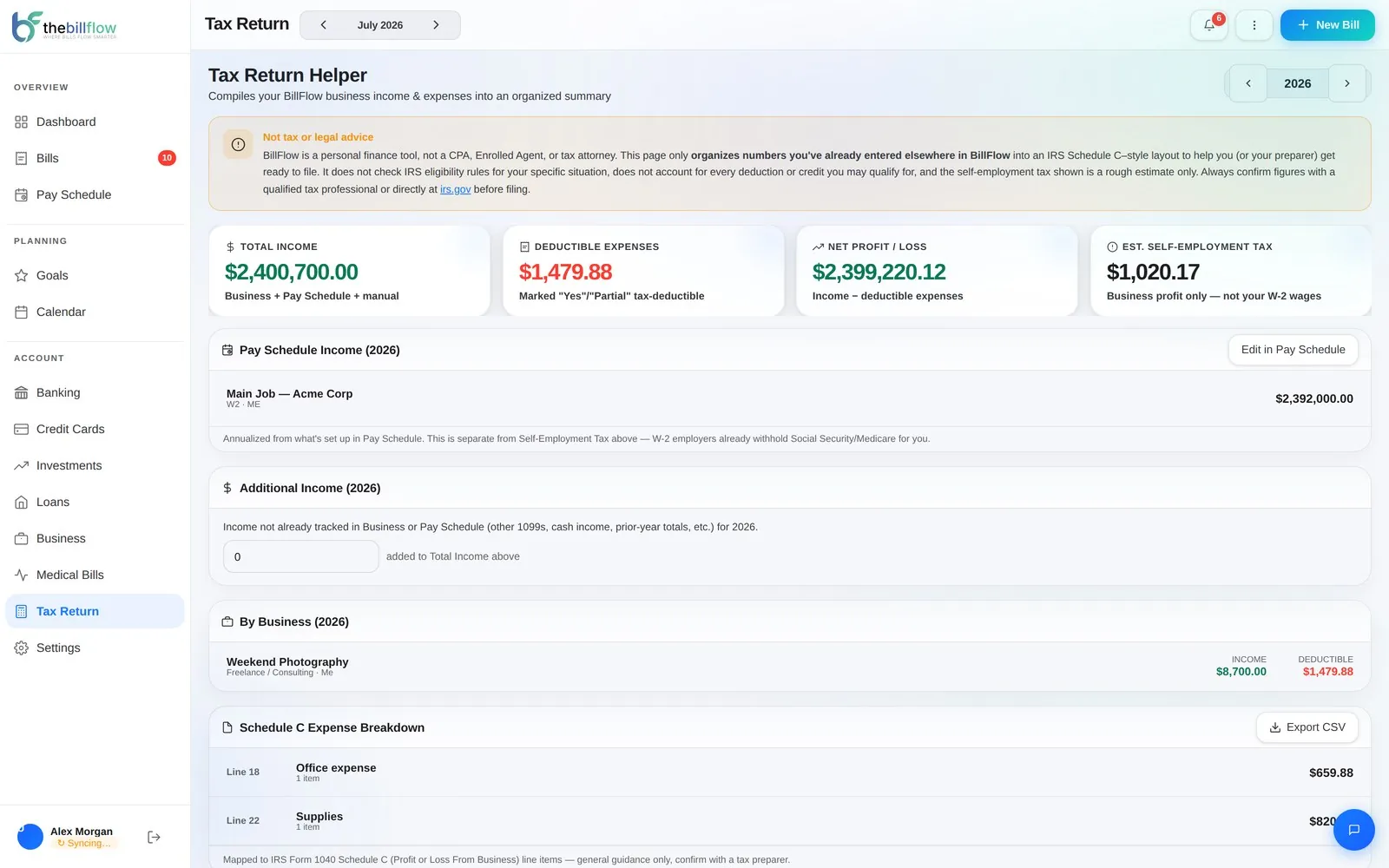 BillFlow Tax Return Helper screen
