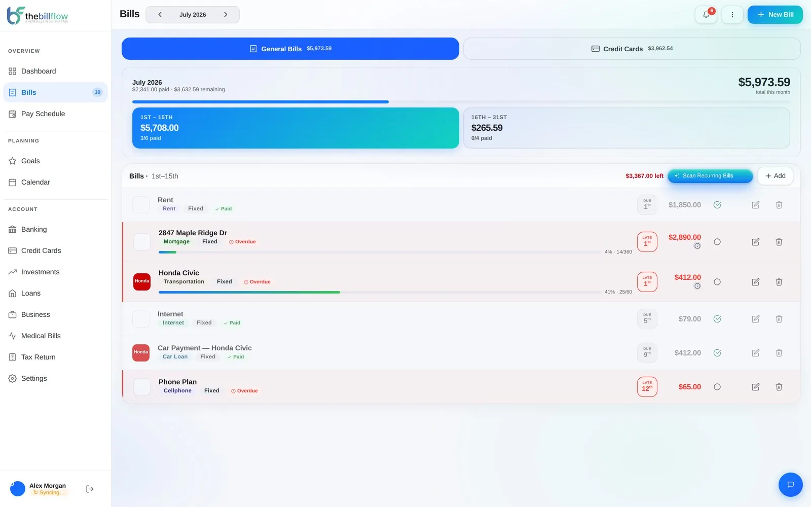 BillFlow bills page showing fixed, variable, and installment bills with due dates and status