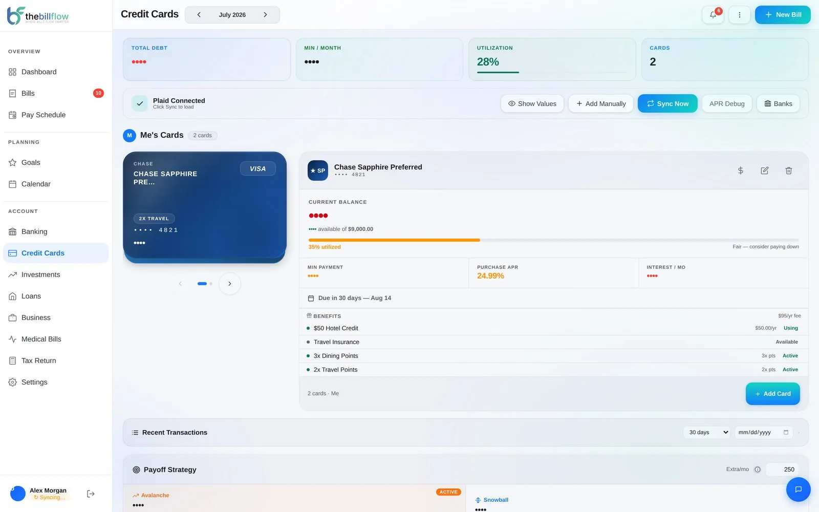 BillFlow credit card payoff strategy comparing Avalanche and Snowball methods