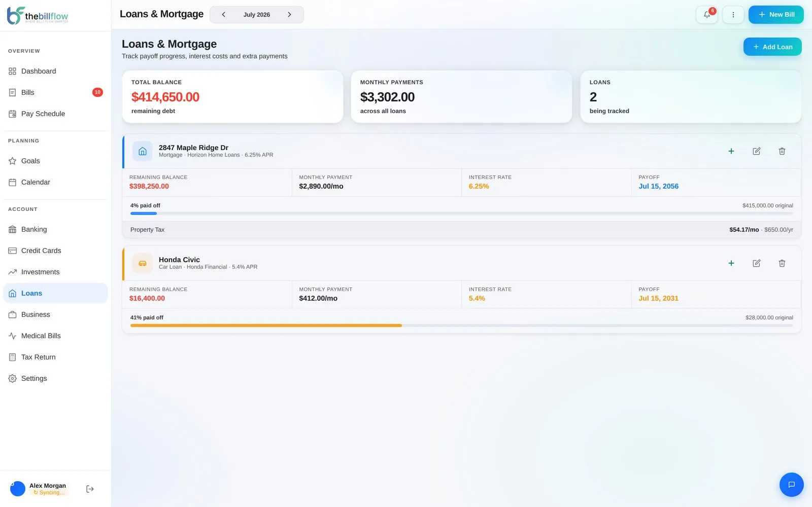 BillFlow loans page showing mortgage and car loan balances, payments, and payoff dates