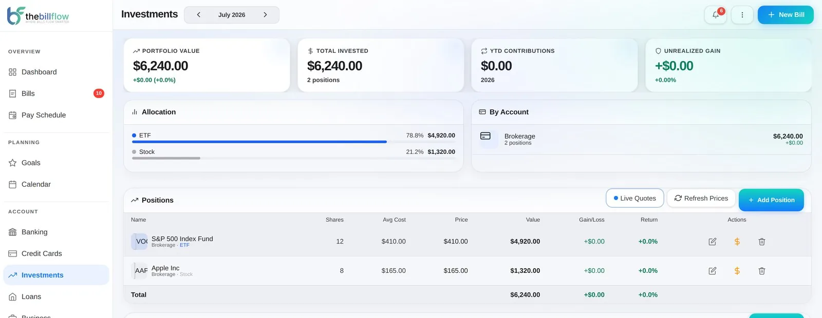 BillFlow investments overview showing portfolio value and allocation